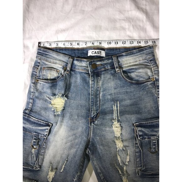 Cast Mens Distressed Denim Cargo Shorts Frayed Hem & Pockets - Picture 6 of 9